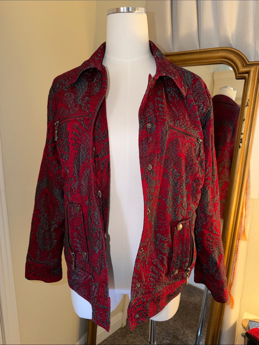 Chico's Red Paisley Button Up Utility Jacket